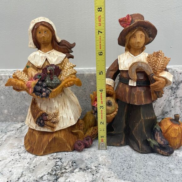 Pair of 8" Resin Cubist Style Pilgrims Thanksgiving Decor Fall Harvest Pumpkins - Picture 2 of 9